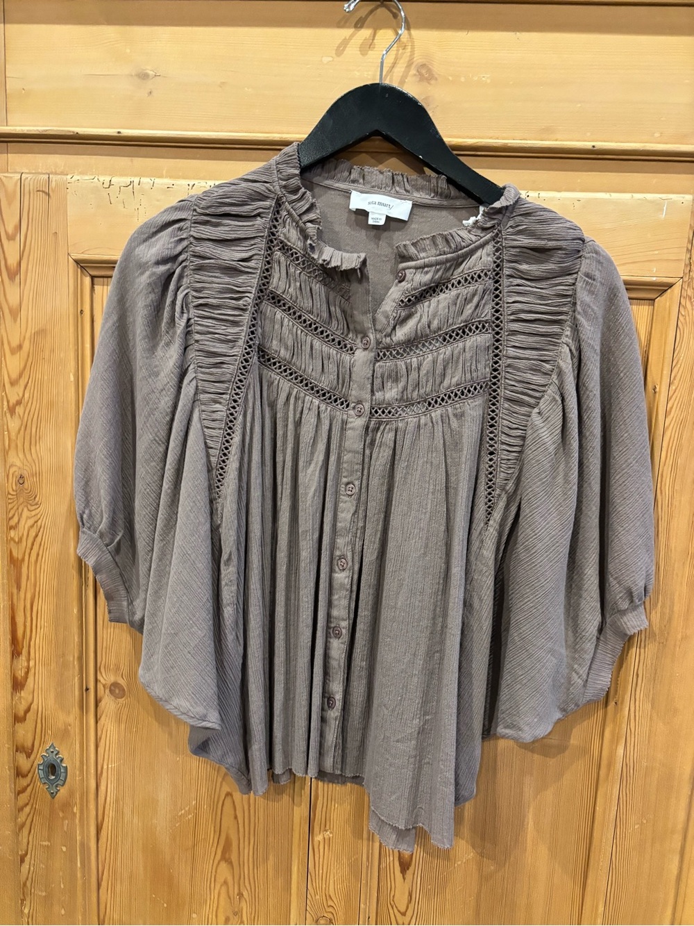 Smocked Yoke Button-Front Blouse in Taupe — Feminine Relaxed Fit